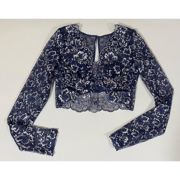 Navy Blue Floral Lace Long Sleeve Bra-Top Bralette Brassiere Lingerie Size S 💙 - Picture 1 of 7